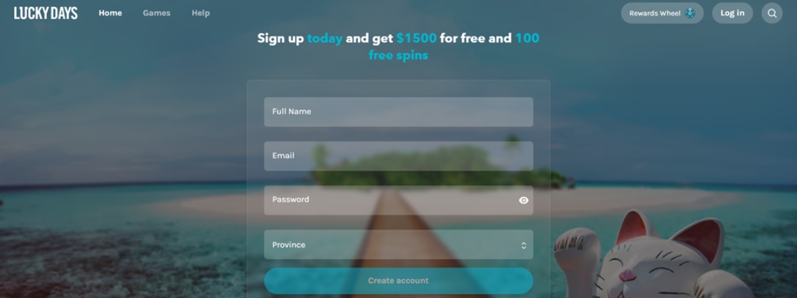 Lucky Days casino registration form with account creation fields