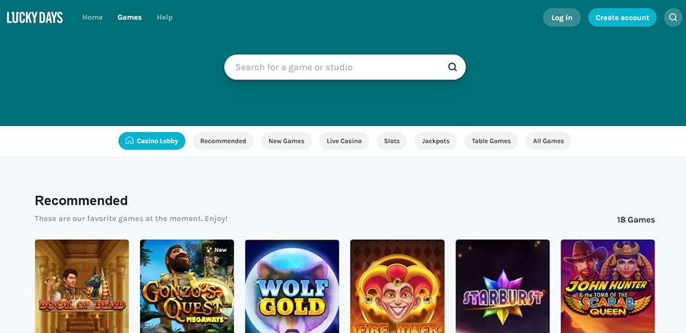 Lucky Days casino website homepage with live chat support access